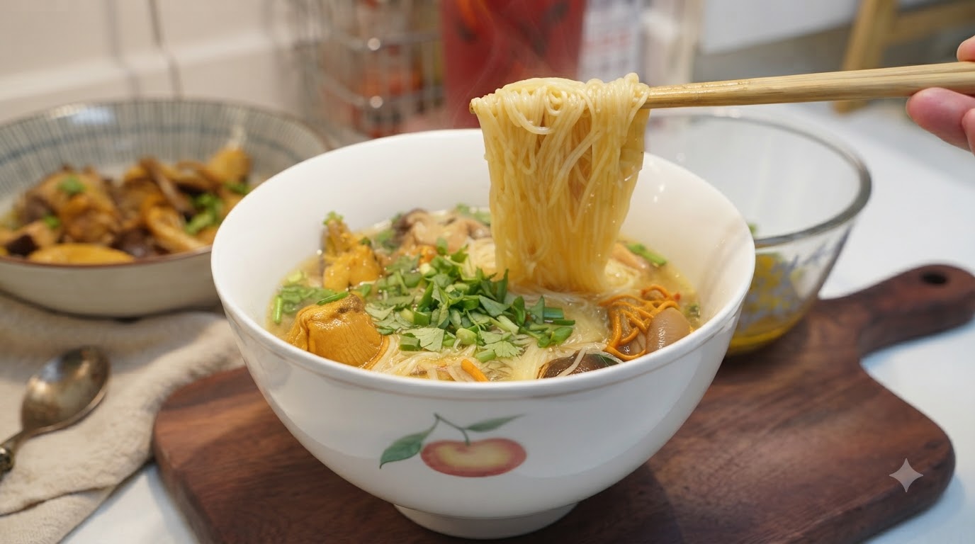 Soupe de Nouilles au Poulet et Champignons Maison