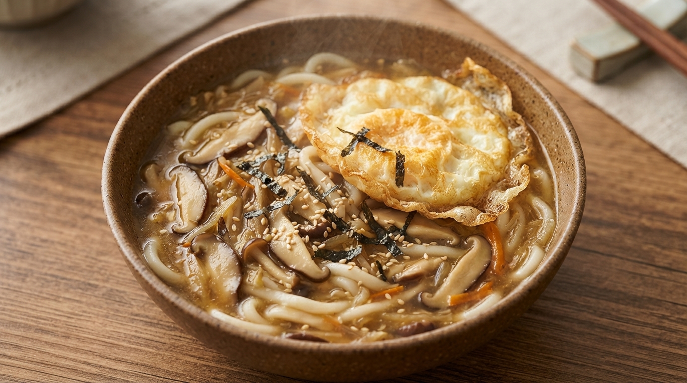 Un bol de soupe de nouilles végétarienne aux champignons garni dun œuf au plat et de graines de sésame blanc