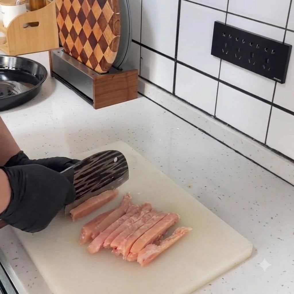 Gros plan de petits cubes de poulet cru fraîchement coupés et disposés proprement sur une planche à découper blanche à côté dun hachoir.