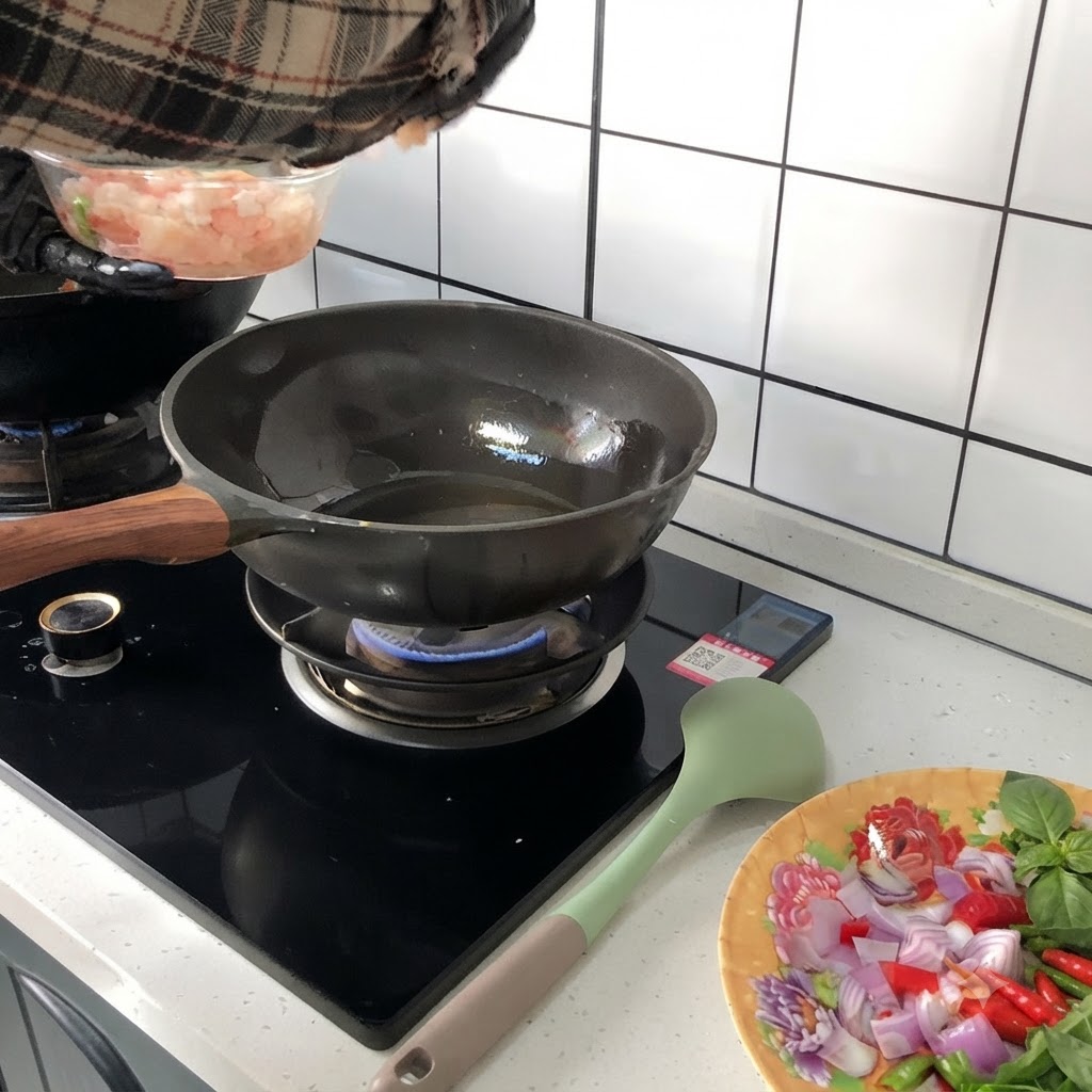 Morceaux de poulet cru versés dun bol transparent dans un wok chaud et huilé posé sur une cuisinière à gaz.