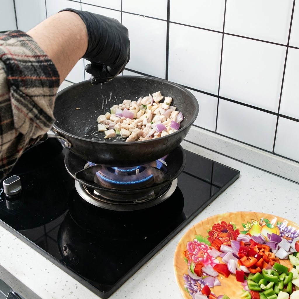 Morceaux de poulet et doignons en train dêtre sautés dans un wok avec des flammes vives sélevant du brûleur en dessous.