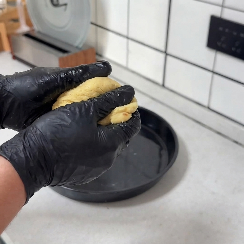 Mains gantées étirant et aplatissant une boule de pâte à pizza jaune directement à lintérieur dun plat à pizza rond et noir.