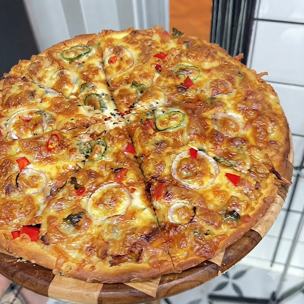 Fromage mozzarella râpé généreusement saupoudré sur une base de pizza cuite recouverte dun mélange de poulet et de légumes dans un plat de cuisson rond.