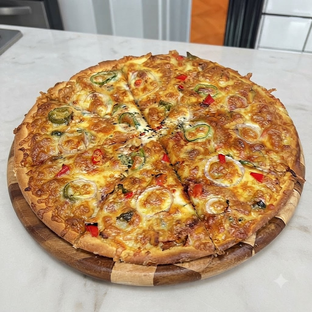 Gros plan de rondelles doignon violet et de tranches de jalapeños vert vif disposées soigneusement sur une pizza recouverte de fromage.