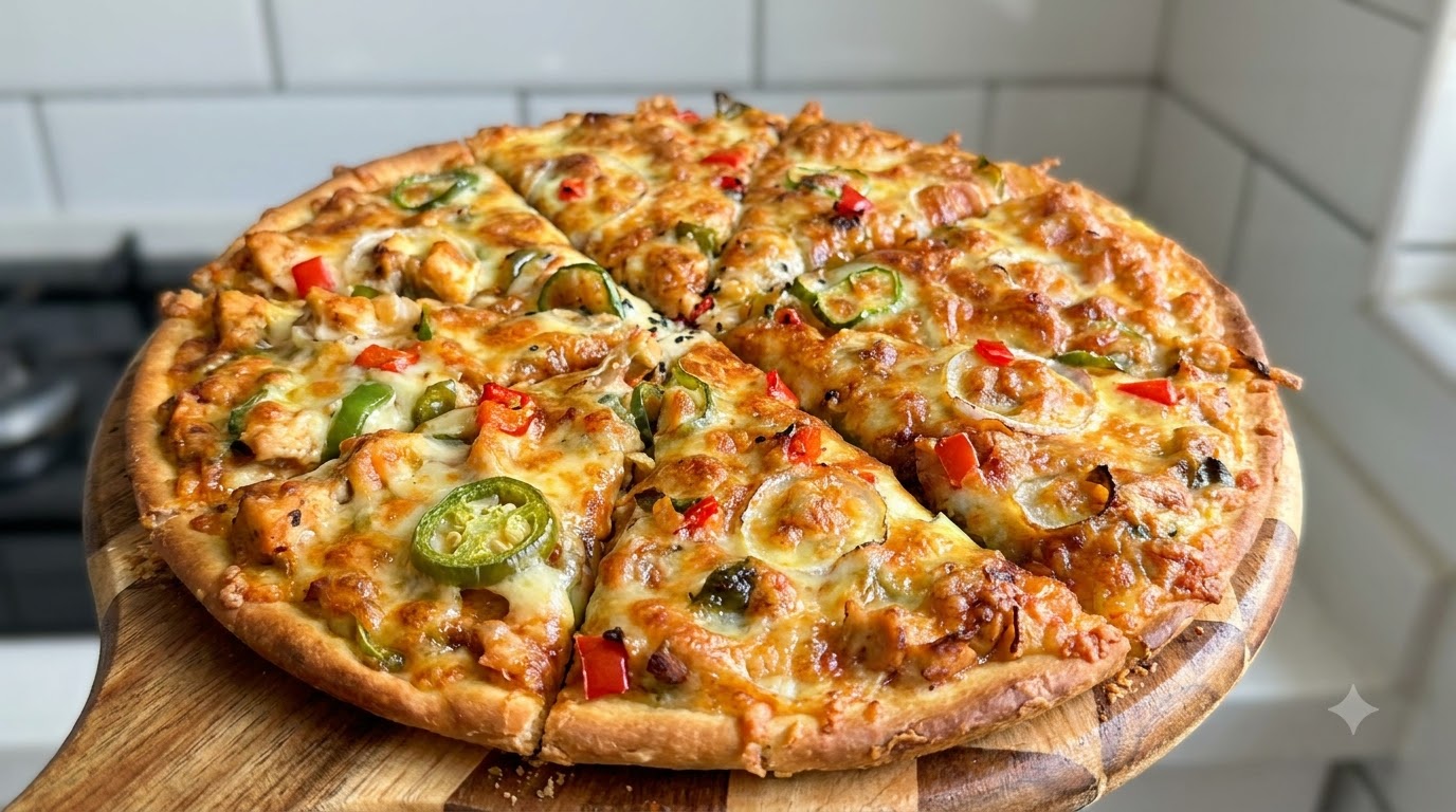 Une pizza au poulet fraîchement préparée et coupée en triangles sur une planche en bois, garnie de fromage fondu, de poivrons et de piments jalapeños