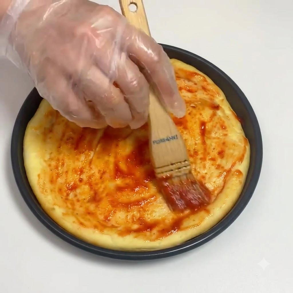 Une main gantée utilisant un pinceau à pâtisserie en bois pour étaler uniformément la sauce tomate sur une pâte à pizza ronde.