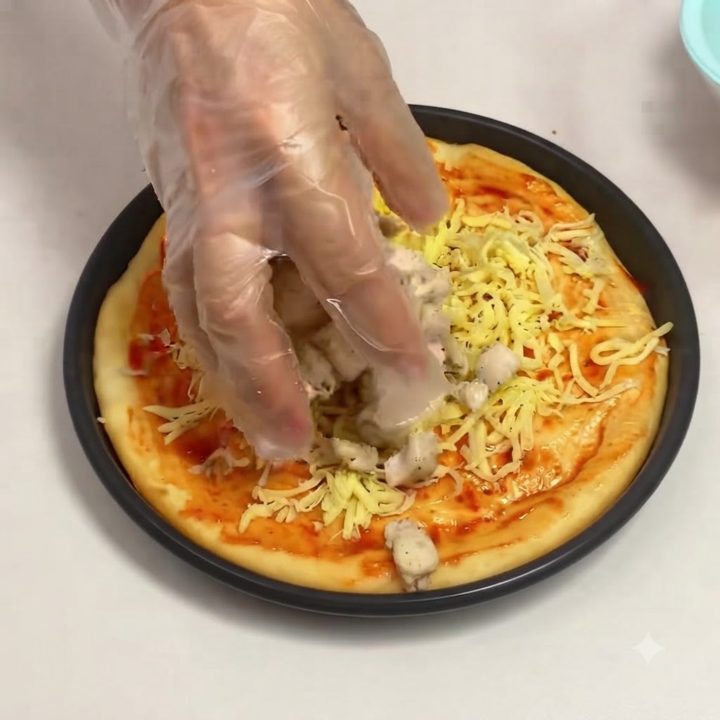 Main gantée disposant des morceaux de blanc de poulet poêlés sur la couche de fromage dune pâte à pizza.