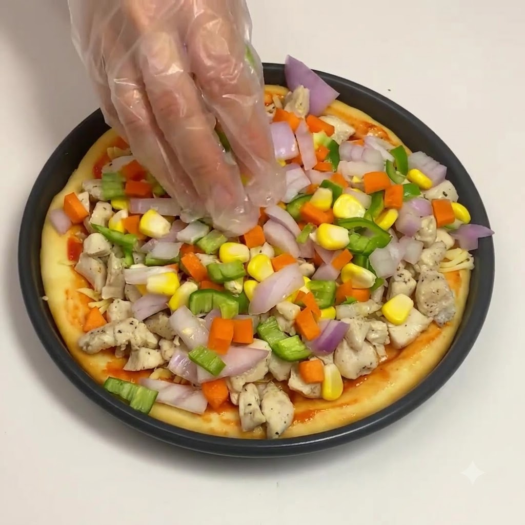 Main gantée parsemant un mélange coloré doignons hachés, de carottes, de poivrons et de maïs sur la garniture au poulet.