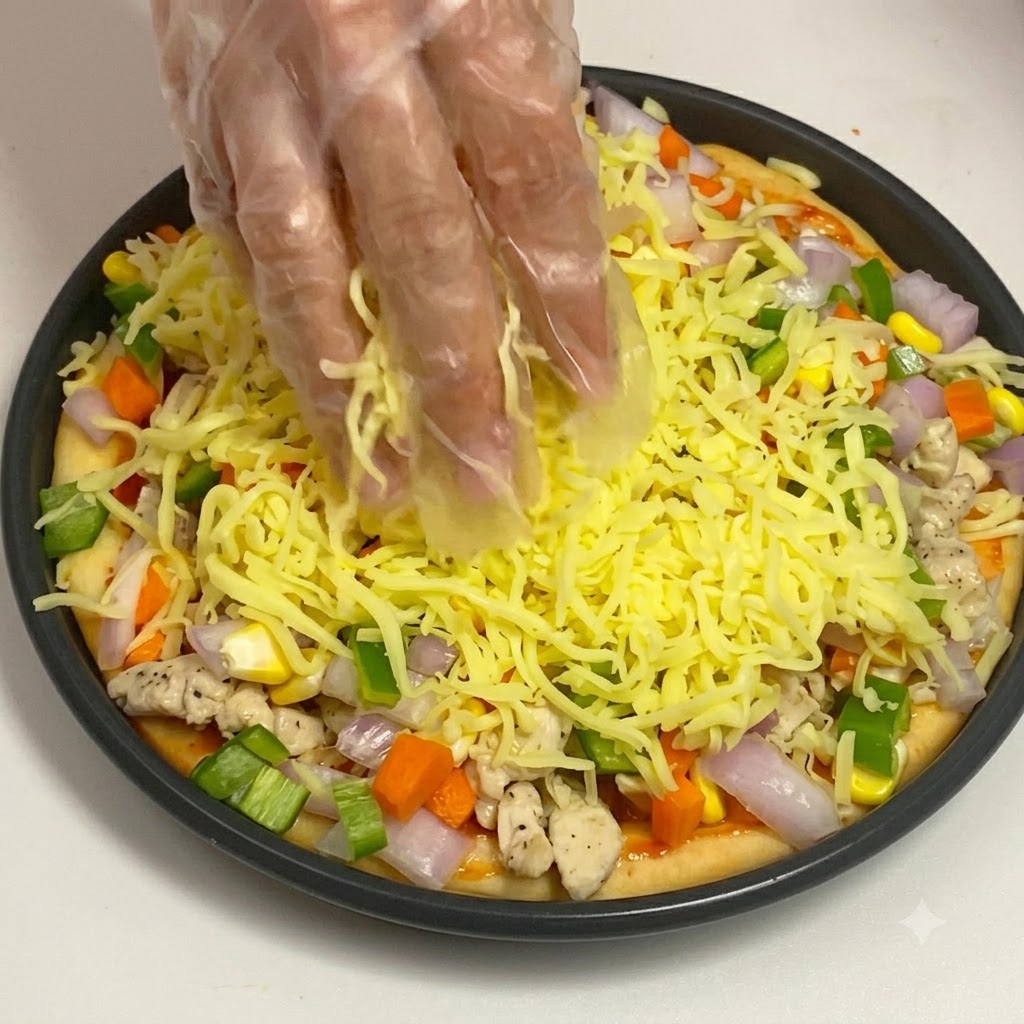 Main gantée étalant une épaisse couche de fromage mozzarella râpé sur le dessus des garnitures de la pizza.