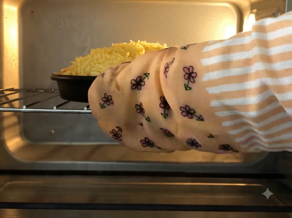 Main portant un gant de cuisine fleuri glissant une poêle à pizza sur une grille de four préchauffé.