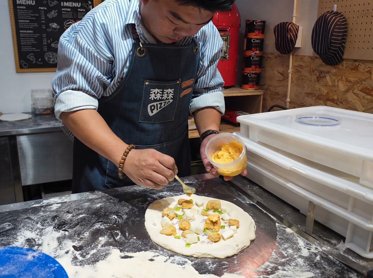 Une cuillère ramassant et étalant une sauce jaune vif au jaune dœuf sur les garnitures de pizza superposées.