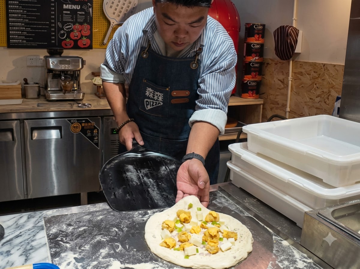 Une pizza assemblée reposant sur une pelle à pizza noire saupoudrée de farine, prête à être façonnée.
