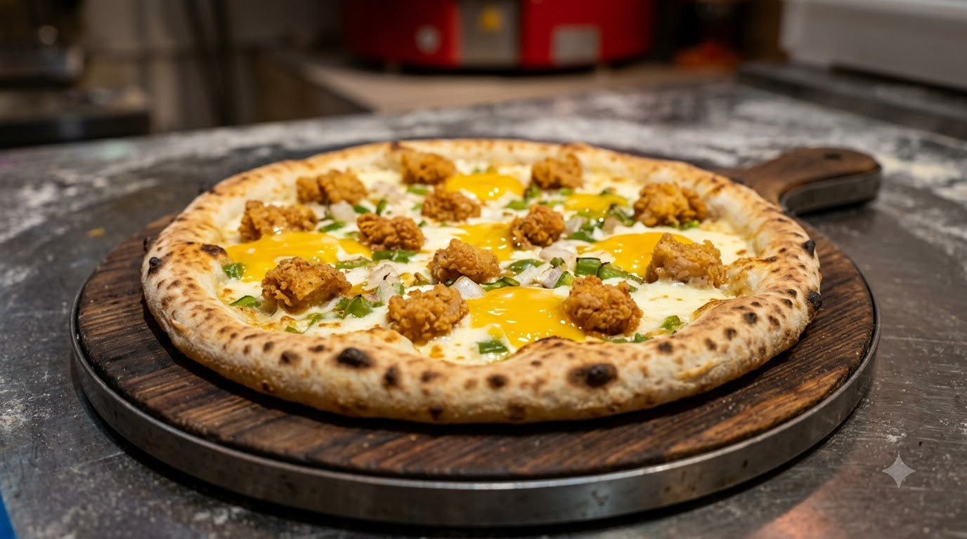Pizza au Poulet Frit et Sauce au Jaune d'Œuf Salé