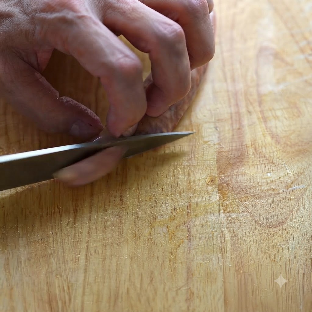 Un couteau de cuisine tranchant une saucisse taïwanaise sur une planche à découper en bois en morceaux propres.