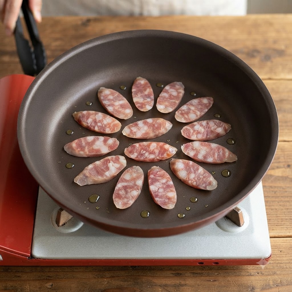 Des tranches de saucisse disposées en motif circulaire dans une poêle avec des gouttes dhuile.