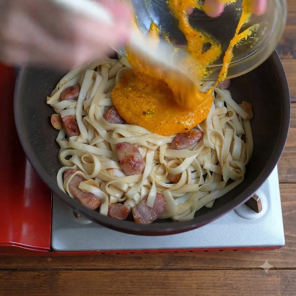 Une sauce dorée épaisse aux œufs et au fromage versée dun bol en verre dans une poêle remplie de nouilles larges et de saucisses tranchées.