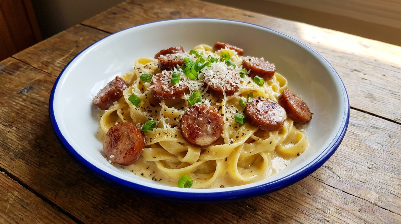 Nouilles Carbonara à la Saucisse Taïwanaise