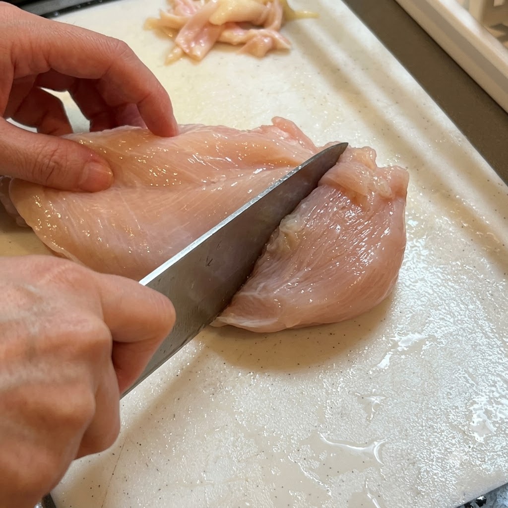 Un couteau qui pique des trous dans un blanc de poulet cru placé sur une plancha en bois.