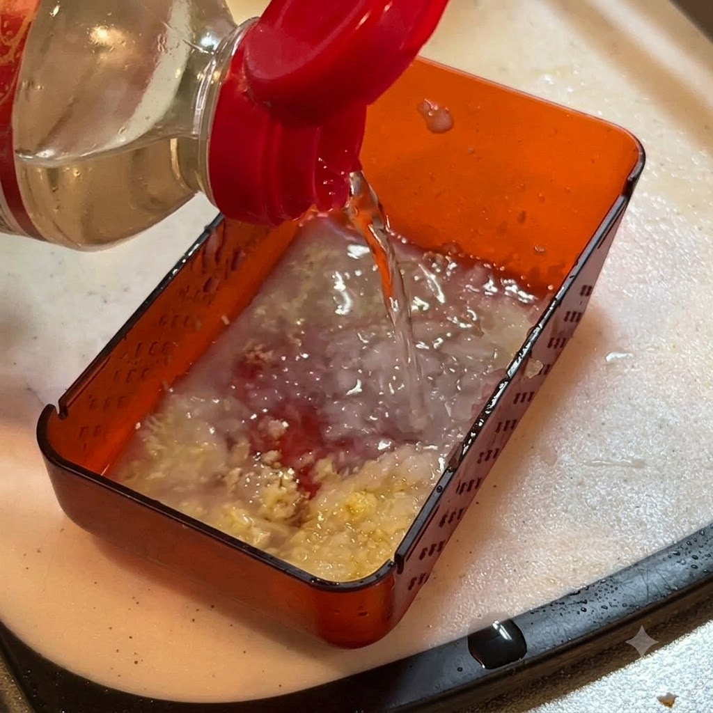 Du liquide dassaisonnement versé dune bouteille dans un récipient contenant du gingembre et de loignon râpés.