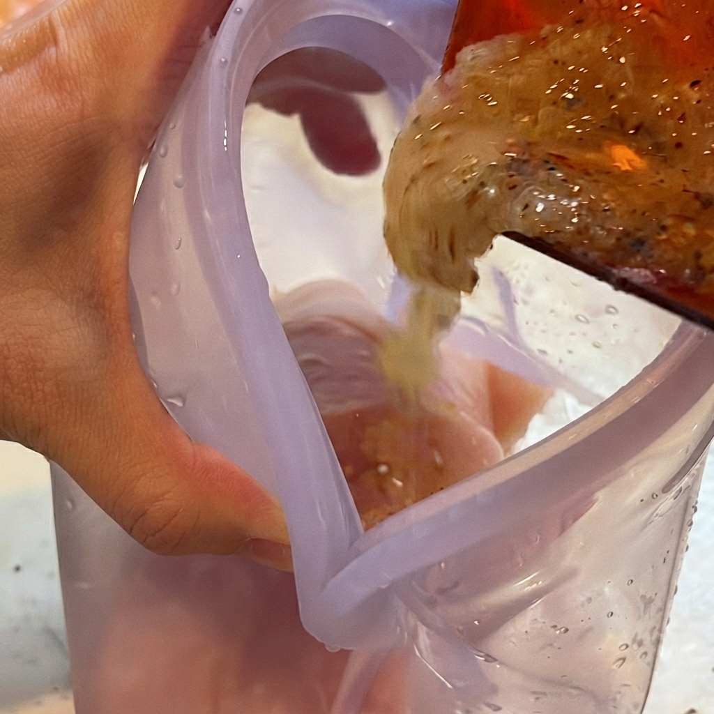 De la marinade versée dun récipient rouge dans un sac violet contenant du poulet cru.