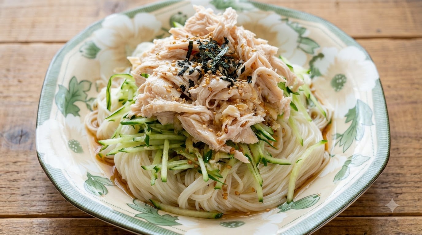 Une assiette en céramique de nouilles somen froides japonaises garnies de lanières de concombre croquantes, de poulet effiloché tendre, de sésame et de nori.