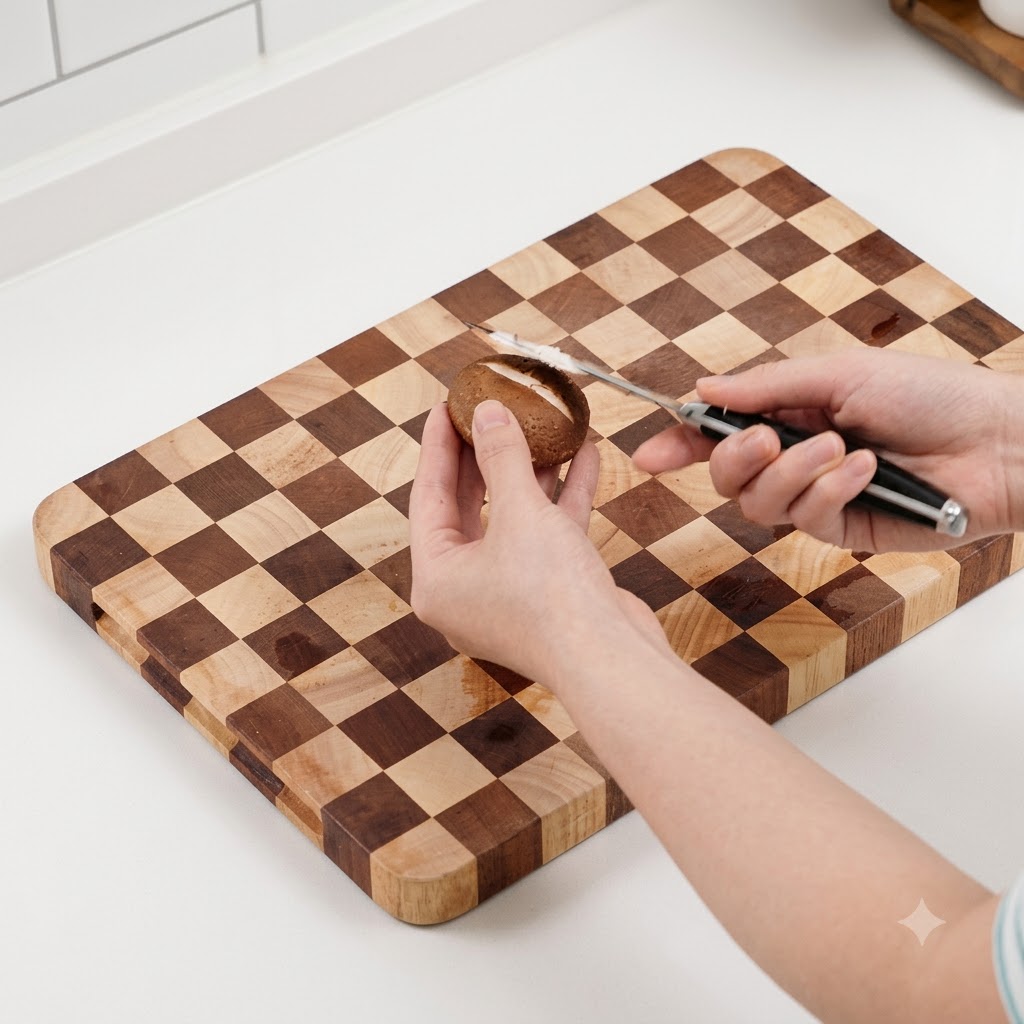 Une paire de mains sculptant une croix décorative sur le dessus dun champignon shiitake brun sur une planche à découper.