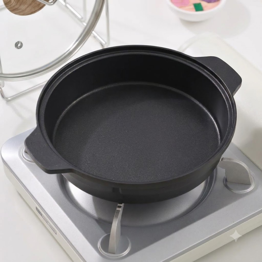 Une poêle de cuisson noire vide posée sur un réchaud à gaz portable avec un support de couvercle de casserole en arrière-plan.