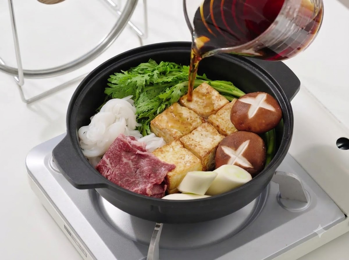 De la sauce sukiyaki brun foncé versée dune tasse à mesurer en verre dans une poêle remplie de légumes, de tofu et de bœuf disposés.