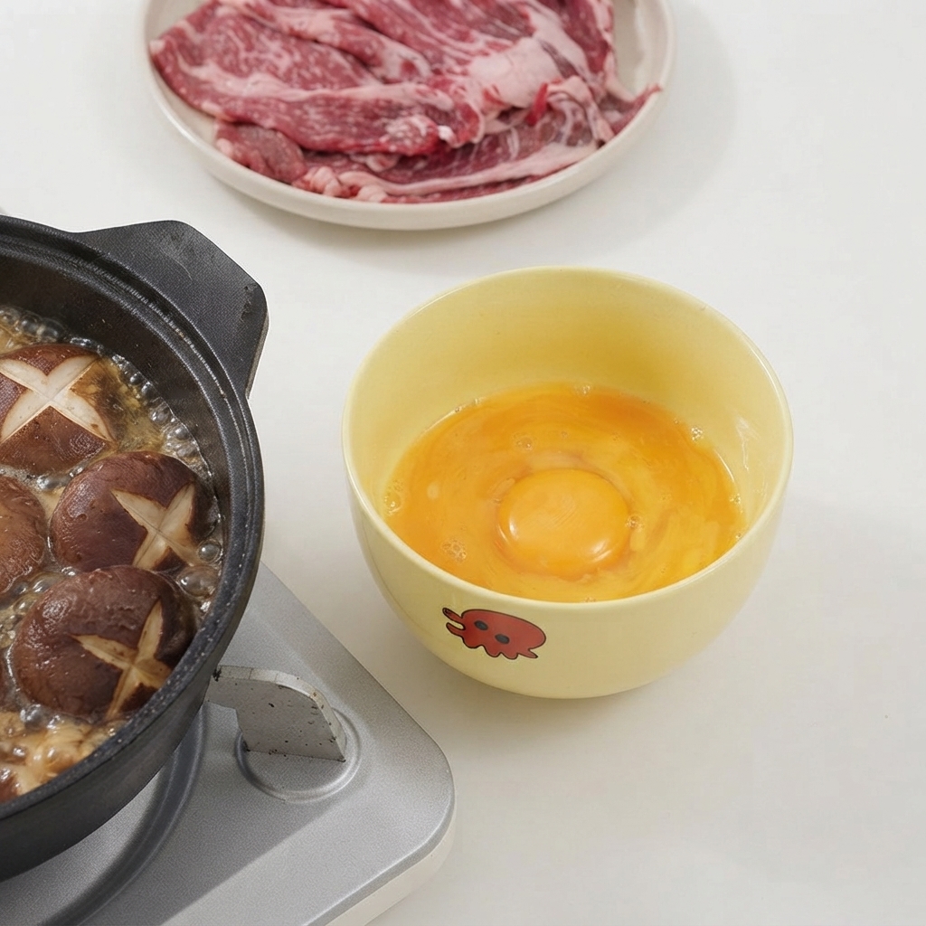 Un œuf cru cassé à lintérieur dun bol jaune à côté dune casserole de champignons fumante, battu avec des baguettes.