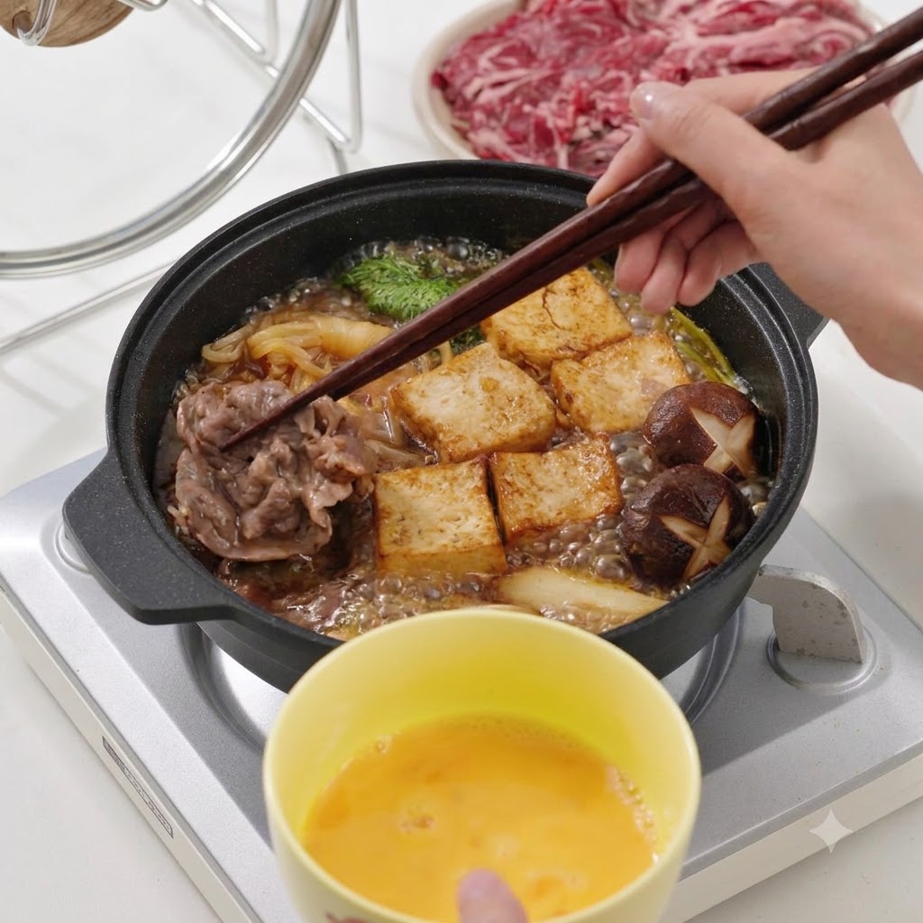 Des baguettes tenant un morceau de bœuf cuit au-dessus dune casserole frémissante contenant du tofu et des champignons, avec un bol dœuf battu en dessous.