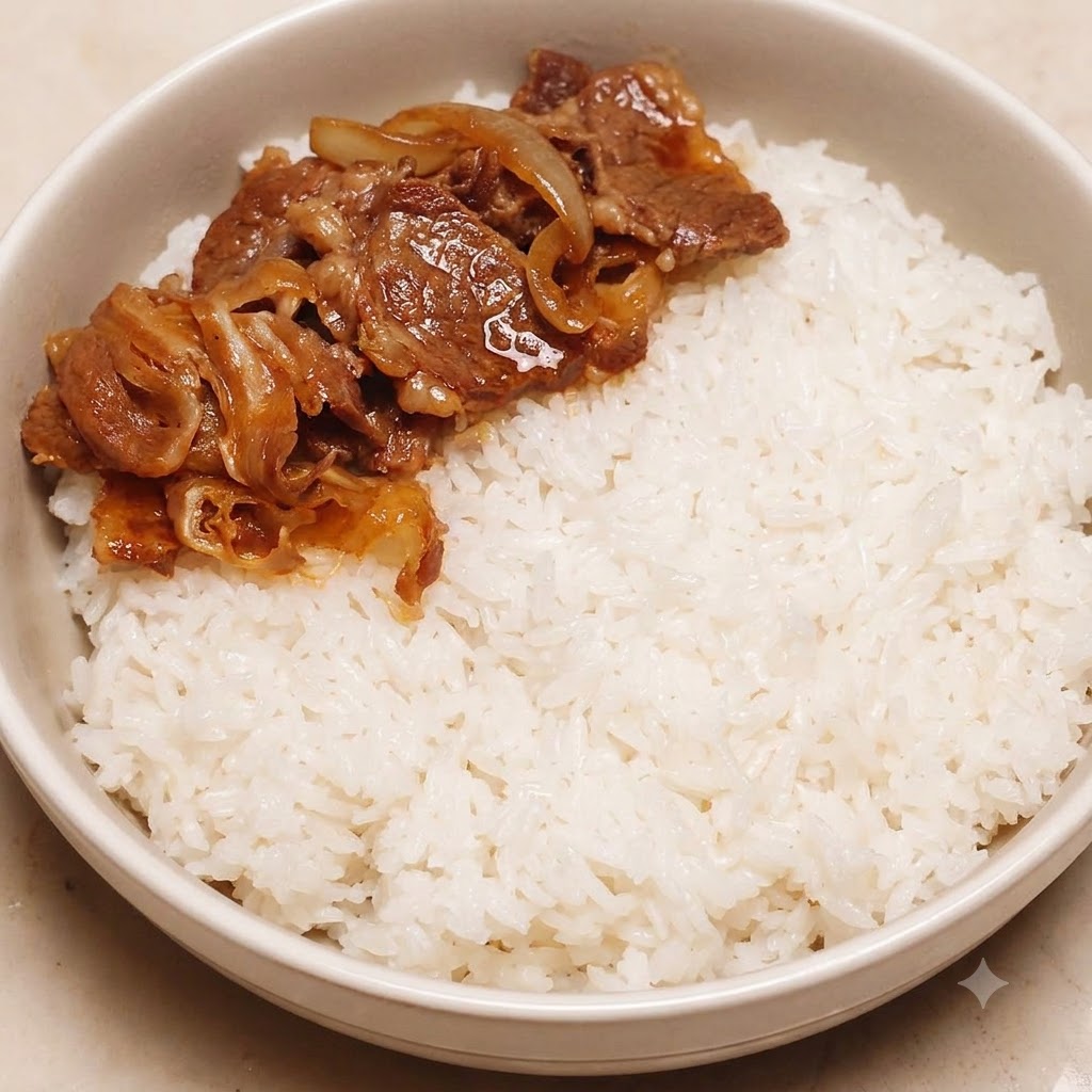 Du bœuf et des oignons cuits disposés soigneusement sur un côté dun bol rempli de riz blanc.