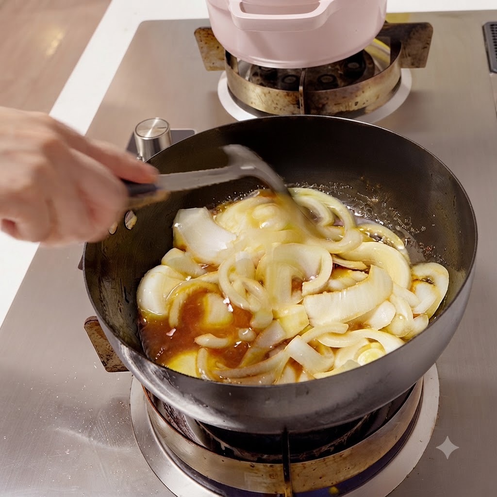 Un assaisonnement liquide et de la sauce versés sur des oignons tranchés dans un wok noir.