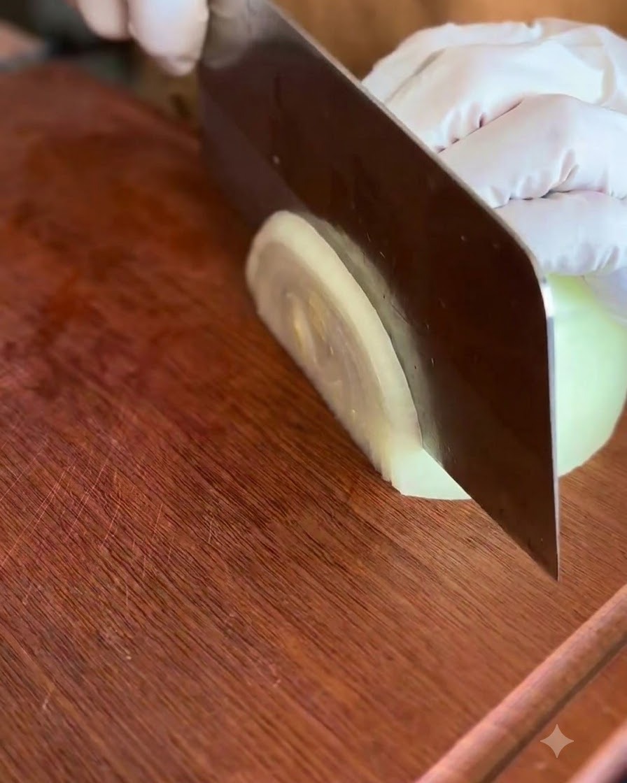 Un demi-oignon coupé en fines lanières avec un couteau sur une planche à découper en bois.