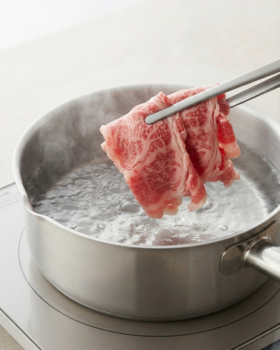 Des tranches de bœuf plongées dans une casserole deau bouillante à laide de pinces de cuisine.
