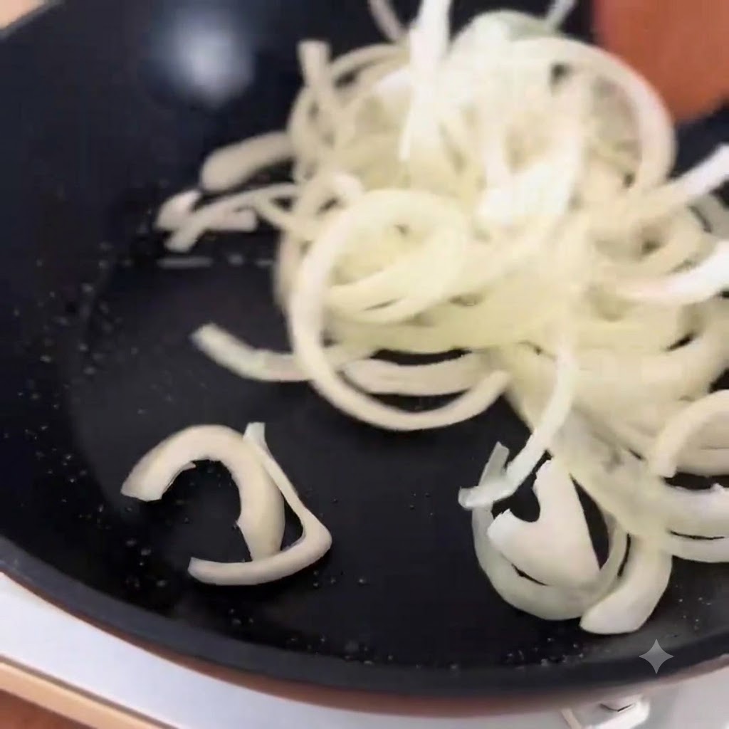 Des tranches de bœuf blanchies disposées par-dessus les oignons cuits dans une poêle.