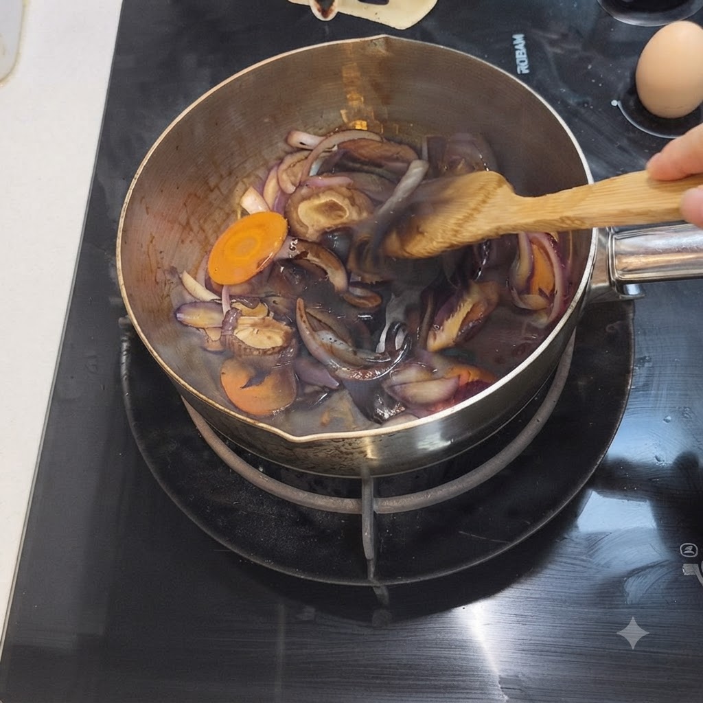 De la sauce soja noire versée sur les légumes frémissants à lintérieur de la casserole.