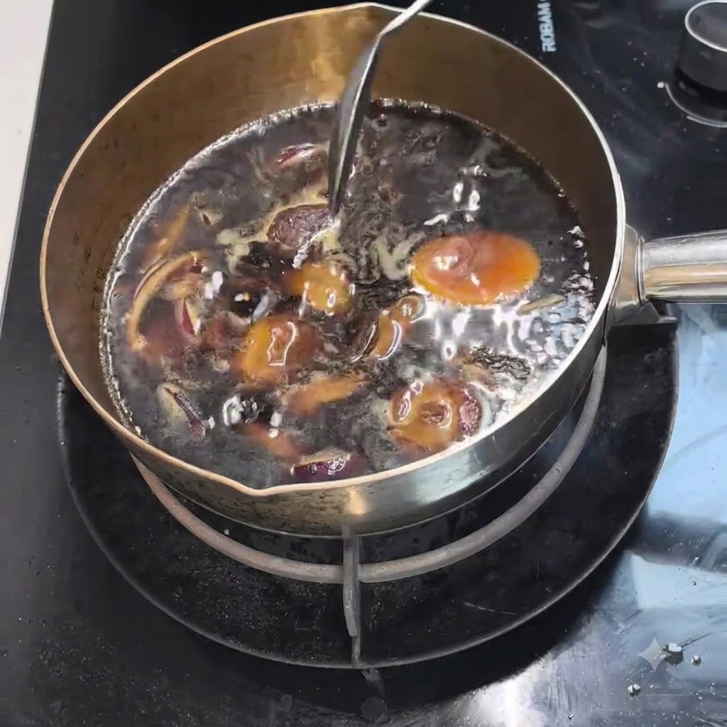 Des tranches de pomme et des algues sombres mijotant dans le bouillon foncé à lintérieur de la casserole.