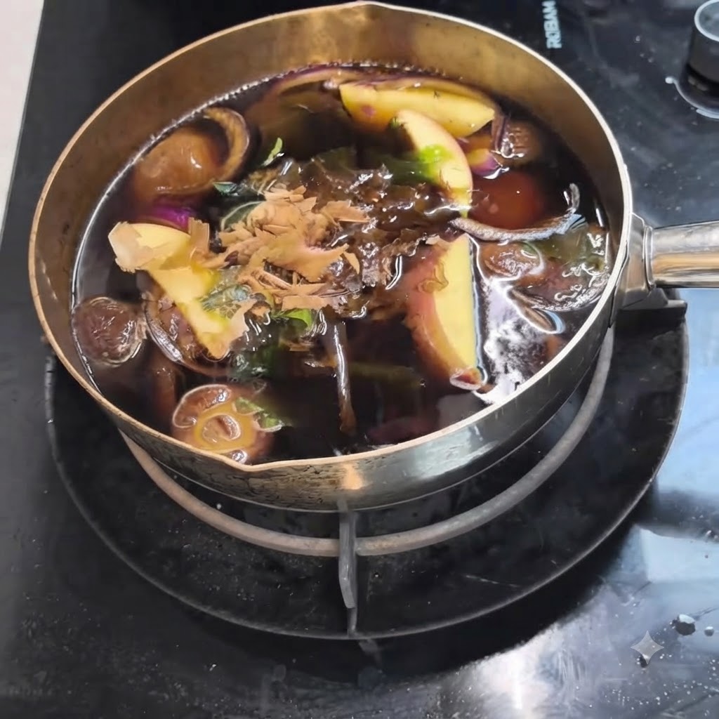 Des flocons de bonite déposés à la surface du bouillon de soupe frémissant contenant des pommes et des champignons.