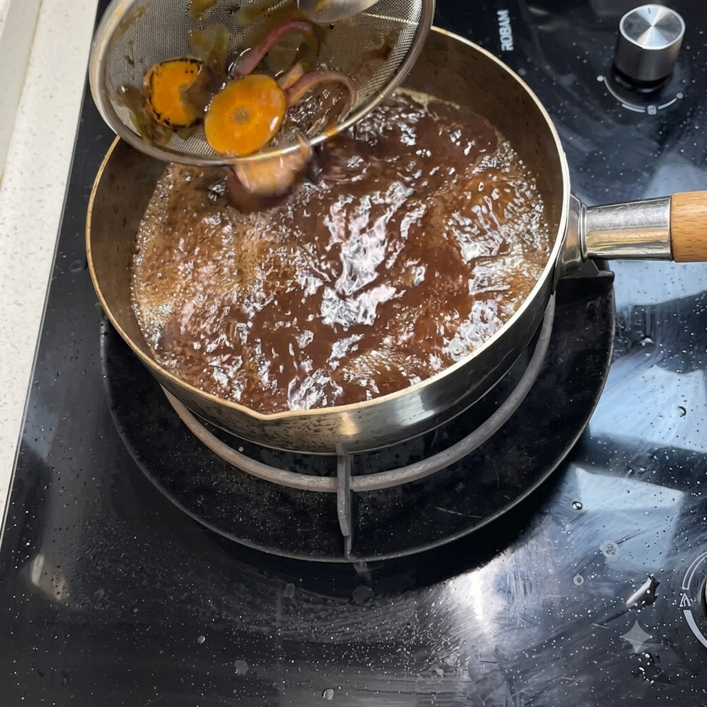 Une passoire retenant des morceaux de légumes bouillis tandis quune sauce sukiyaki foncée sécoule dans une casserole.