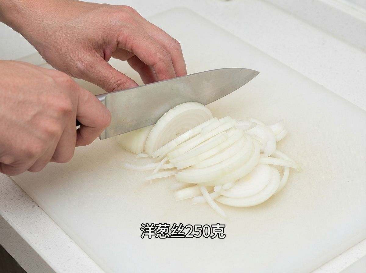 Un oignon en cours de découpe en fines lamelles sur une planche à découper blanche à laide dun couteau de chef professionnel.
