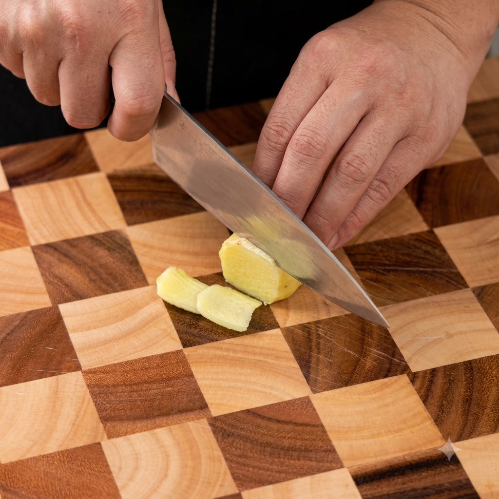 Un couteau bien affûté coupant une racine de gingembre en fines lamelles sur une planche à découper en bois.