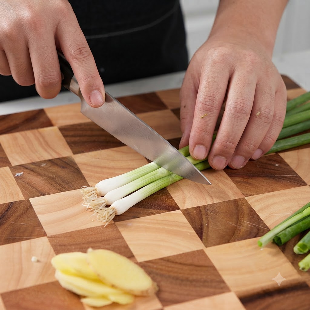 Des oignons verts soigneusement découpés en petits morceaux sur une planche à découper en bois.