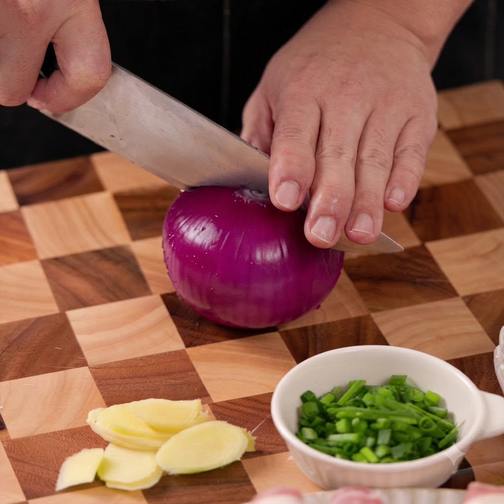 Un oignon rouge coupé en fines tranches avec un couteau de chef sur une planche à découper.
