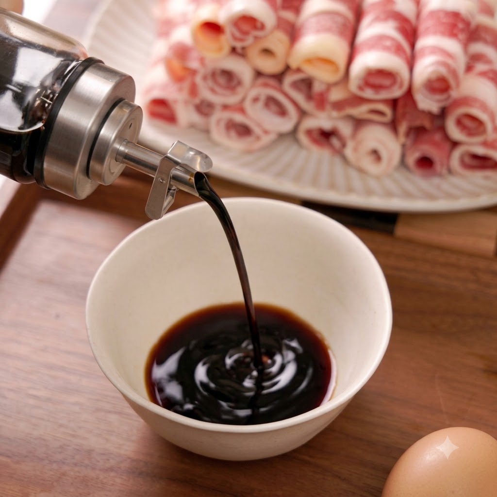 Une sauce foncée versée dans le bol pour se combiner avec les ingrédients précédents.