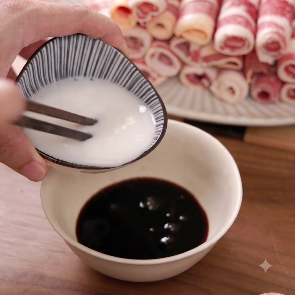 Un petit bol de sauce sombre mélangée avec de leau damidon blanche à laide de baguettes en bois.