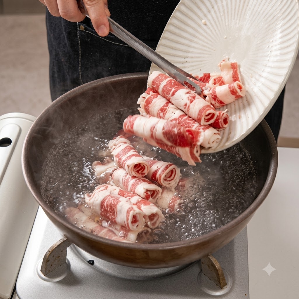 Des rouleaux de bœuf glissant dune assiette blanche vers une casserole deau bouillante infusée au gingembre.