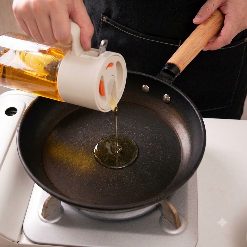 De lhuile de cuisson versée depuis un distributeur en verre dans une poêle chaude.
