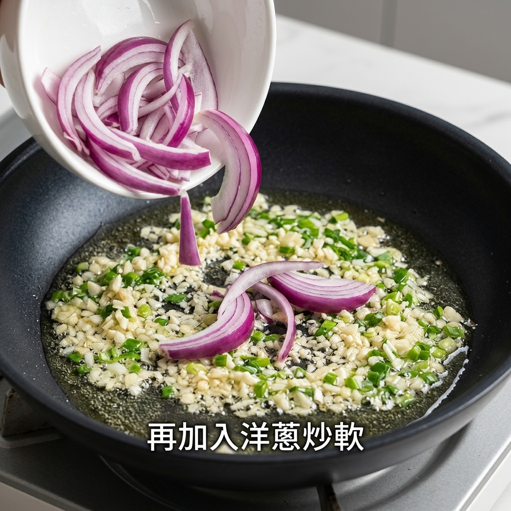 Des oignons rouges tranchés versés dun bol dans une poêle contenant de lail et des oignons verts sautés.