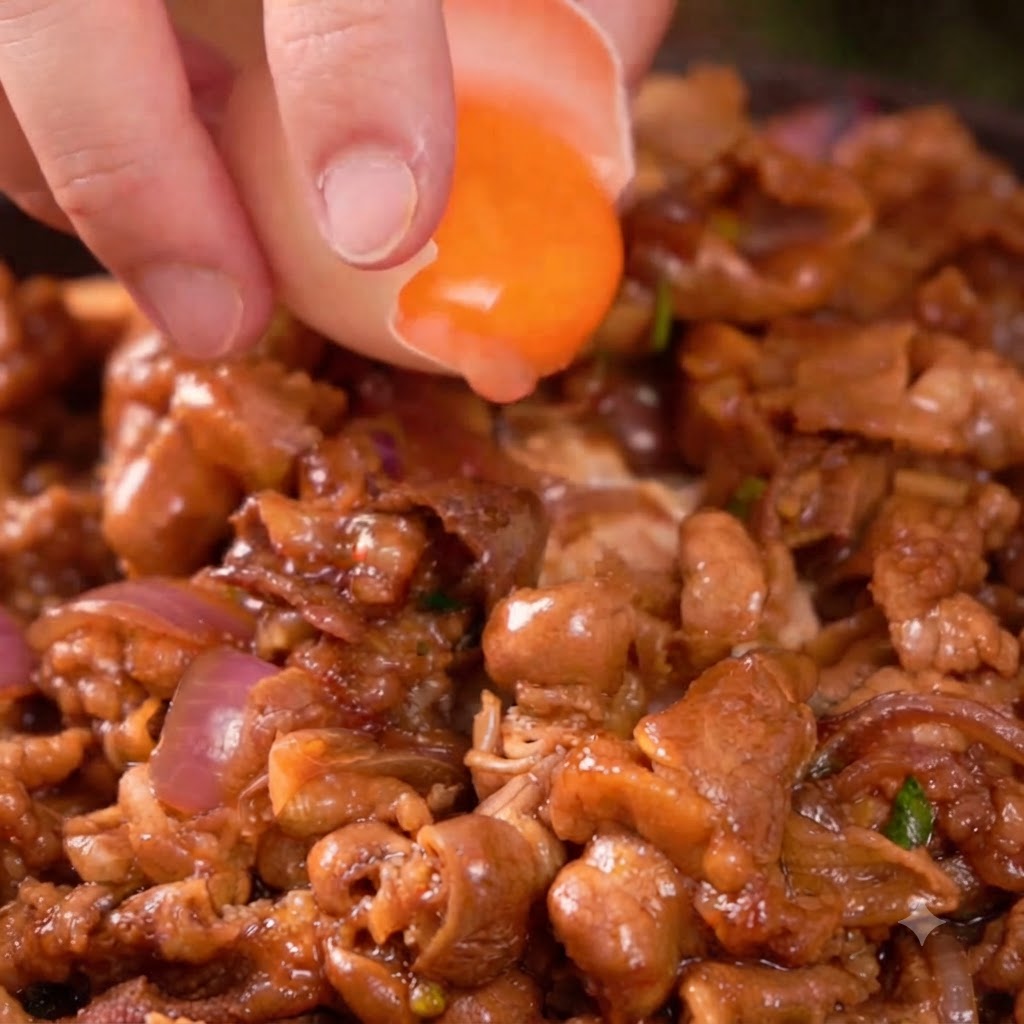 Un jaune dœuf frais délicatement déposé depuis une coquille cassée sur un lit de bœuf teriyaki cuit.