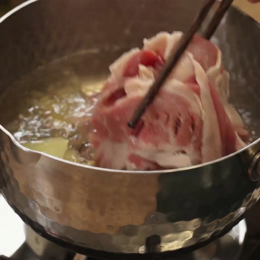Tranches de bœuf crues plongées à laide de baguettes dans de leau bouillante contenue dans une casserole en métal avec des morceaux de gingembre.